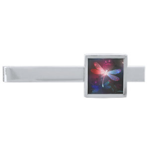 Glowing red dragonfly silver finish tie bar