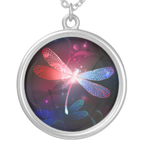 Glowing red dragonfly silver plated necklace