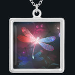 Glowing red dragonfly silver plated necklace<br><div class="desc">Glowing,  flying,  red dragonfly,  with transparent,  detailed wings on dark,  nocturnal,  luminous background with tropical plants and fireflies. Red dragonfly.</div>