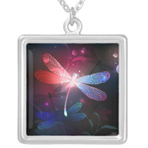 Glowing red dragonfly silver plated necklace