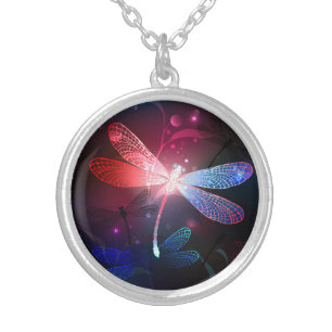 Glowing red dragonfly silver plated necklace
