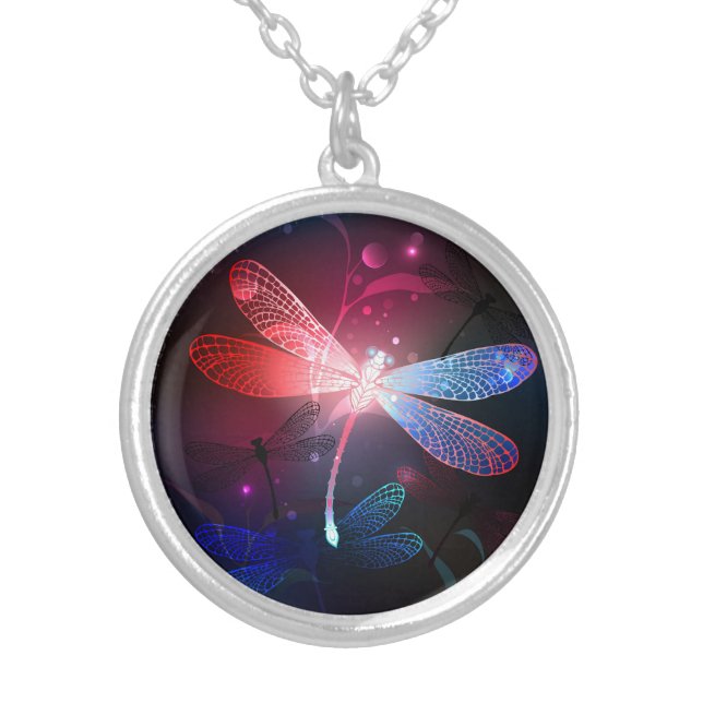 Glowing red dragonfly silver plated necklace (Front)