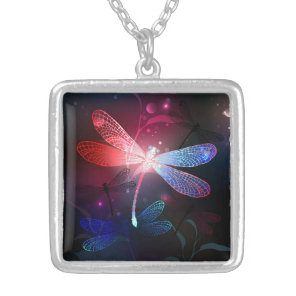 Glowing red dragonfly silver plated necklace
