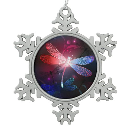 Glowing red dragonfly snowflake pewter christmas ornament