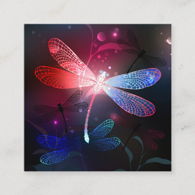 Glowing red dragonfly square business card (Front)