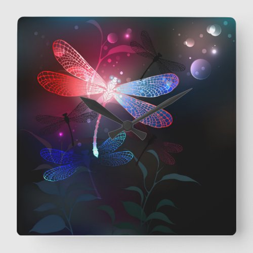Glowing red dragonfly square wall clock