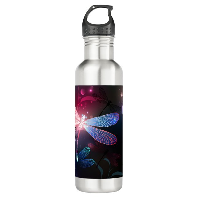 Glowing red dragonfly stainless steel water bottle (Front)