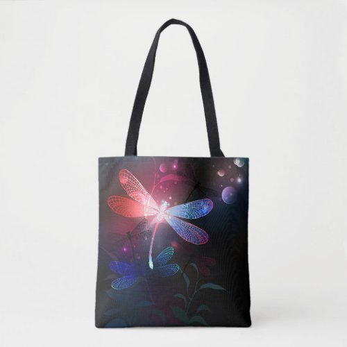 Glowing red dragonfly tote bag