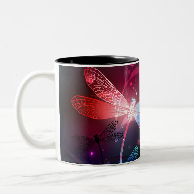 Glowing red dragonfly Two-Tone coffee mug (Left)