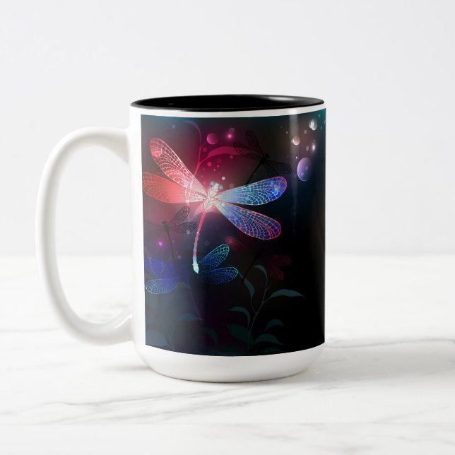 Glowing red dragonfly Two-Tone coffee mug (Left)