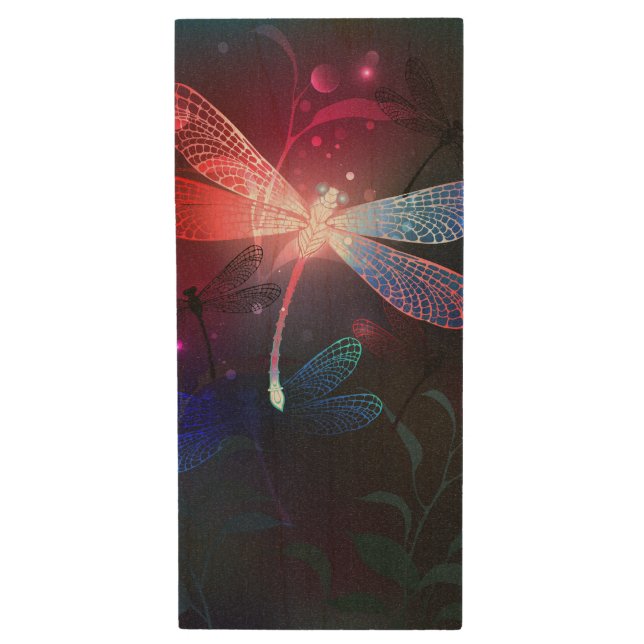 Glowing red dragonfly wood flash drive (Front Vertical)
