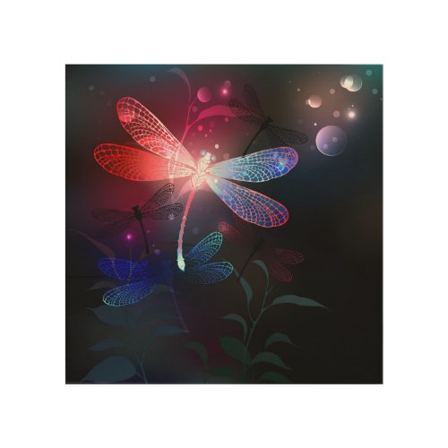 Glowing red dragonfly wood wall art