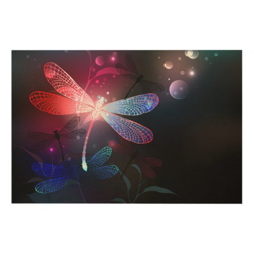 Glowing red dragonfly wood wall art