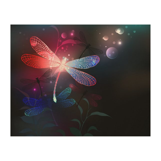 Glowing red dragonfly wood wall art (Front)