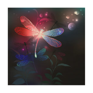 Glowing red dragonfly wood wall art