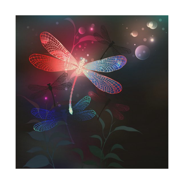 Glowing red dragonfly wood wall art (Front)