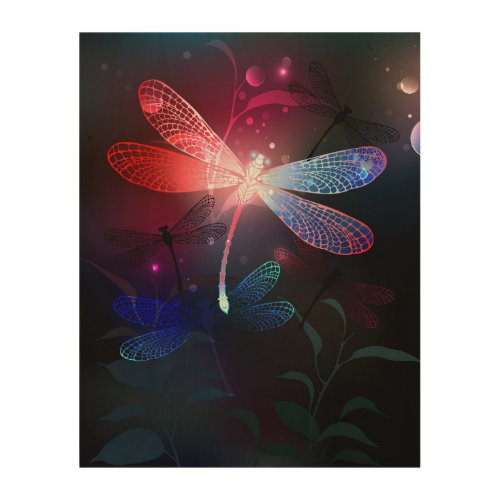 Glowing red dragonfly wood wall art