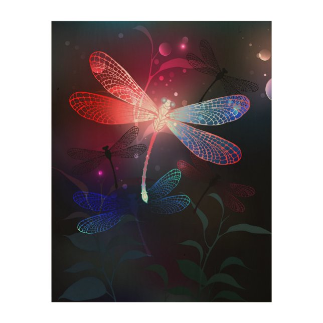 Glowing red dragonfly wood wall art (Front)