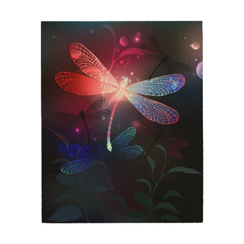 Glowing red dragonfly wood wall art