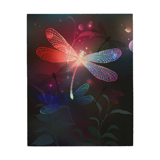 Glowing red dragonfly wood wall art (Front)
