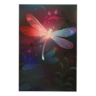 Glowing red dragonfly wood wall art