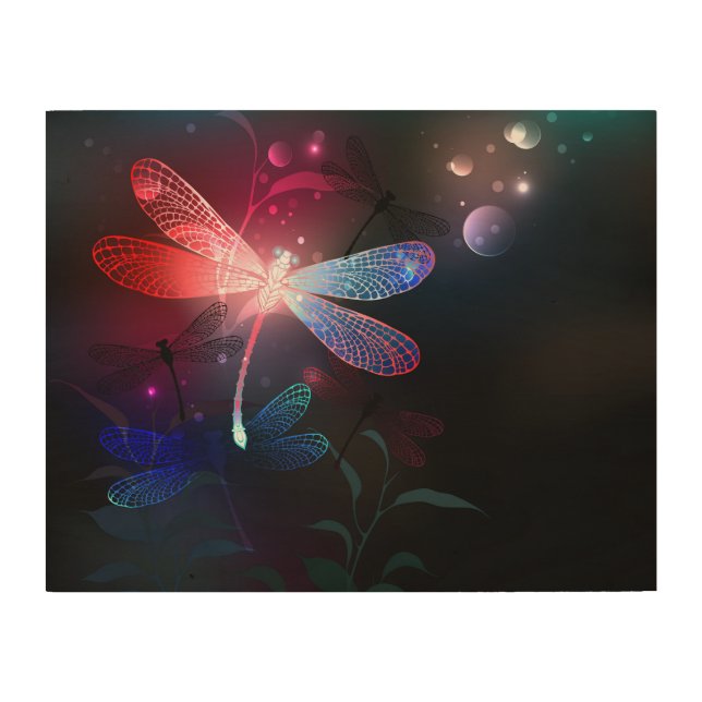 Glowing red dragonfly wood wall art (Front)