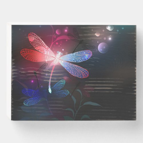 Glowing red dragonfly wooden box sign