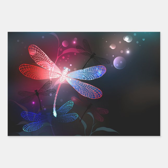 Glowing red dragonfly wrapping paper sheets (Front)