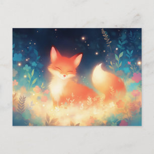 Glowing Red Fox in Magical Night Meadow Postcard