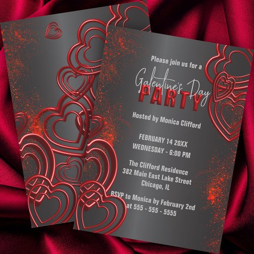 Glowing Red Hearts on Black Galentines Day Party Invitation