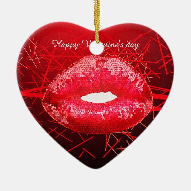 Glowing red kiss me lips valentine ceramic ornament (Front)