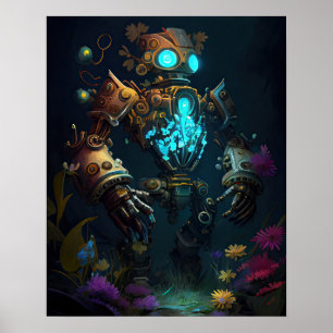 Glowing Robot & Flowers Poster