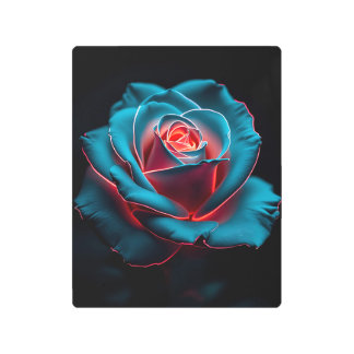 Glowing Rose Metal Print | Teal and Red Floral Wal