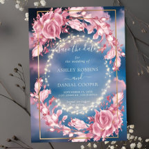 Glowing Rosy Flowers And Sparkles Save The Date