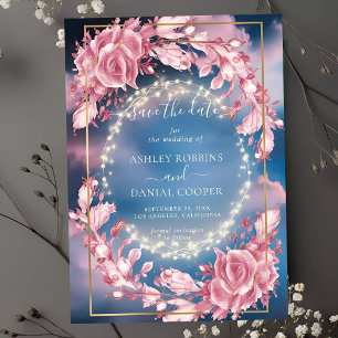 Glowing Rosy Flowers And Sparkles Save The Date Invitation