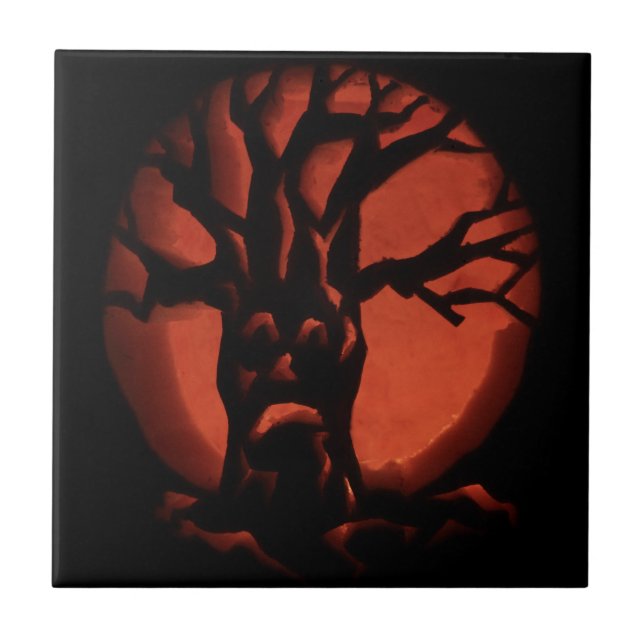 Glowing Scared Dead Tree Halloween Pumpkin Ceramic Tile (Front)