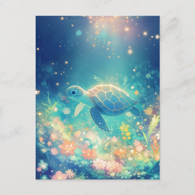 Glowing Sea Turtle in Underwater Garden Postcard (Front)