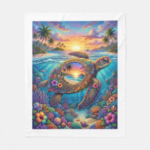 Glowing Sea Turtle Swimming In Radiant Ocean Fleec Fleece Blanket