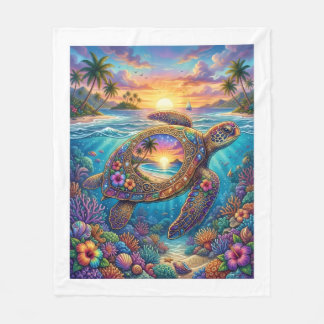Glowing Sea Turtle Swimming In Radiant Ocean Fleec Fleece Blanket