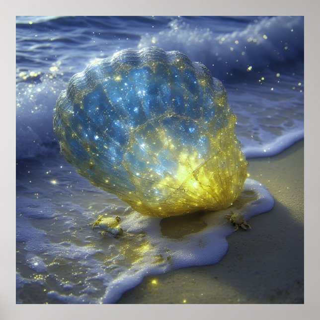 Glowing Seashell on Beach Beneath Poster (Front)