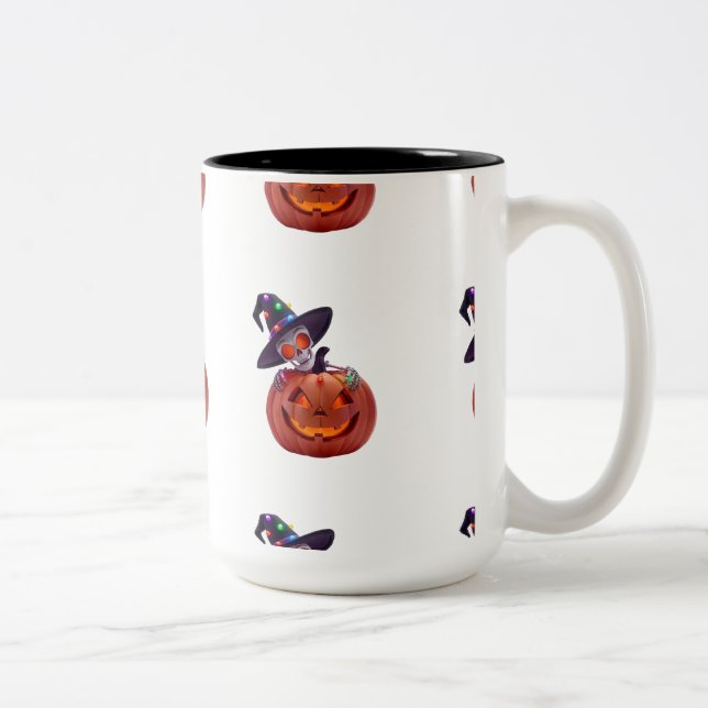 Glowing Skeleton and Pumpkin Halloween Magic Two-Tone Coffee Mug (Right)
