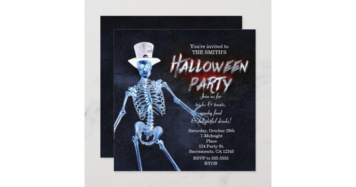 Glowing Skeleton Halloween Party Invitations | Zazzle