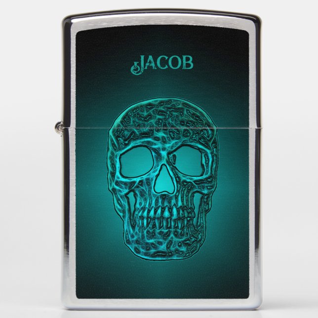 Glowing Skull Gothic Turquoise Teal Cool Scary Zippo Lighter (Front)