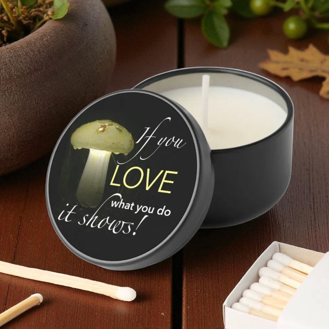 Glowing Solar Mushroom with Inspirational Quote Mini Candle Favors (cover off favor candle black canister)