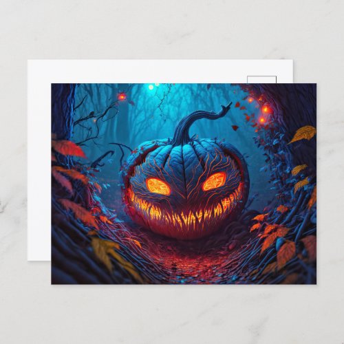 Glowing Spooky Happy Halloween Pumpkin Postcard