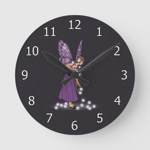 Glowing Star Flowers Pretty Purple Fairy Girl Round Clock