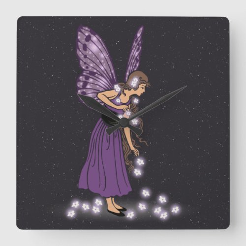 Glowing Star Flowers Pretty Purple Fairy Girl Square Wall Clock