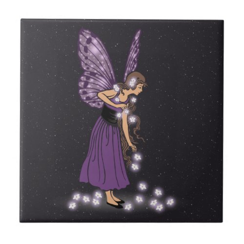 Glowing Star Flowers Pretty Purple Fairy Girl Tile