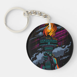 Glowing Statue of Liberty Rain Scene Purple Teal Keychain