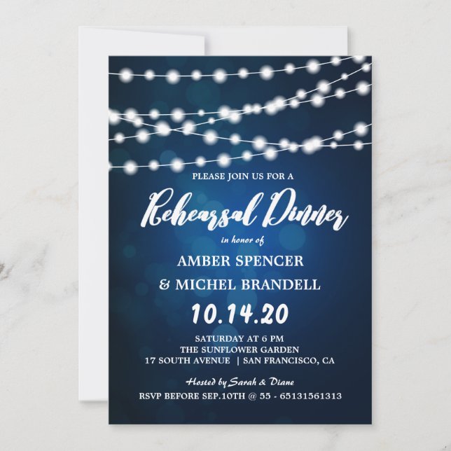 Glowing String Lights Deep Blue Rehearsal Dinner Invitation (Front)